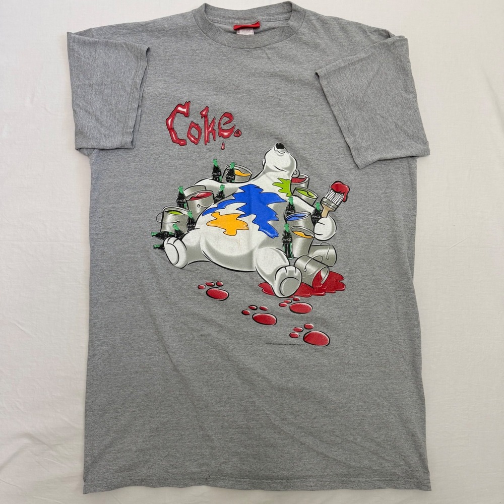 Vintage 90s Everything Coca Cola Polar Bear Paint Graphic‎ T Shirt USA Made Gray